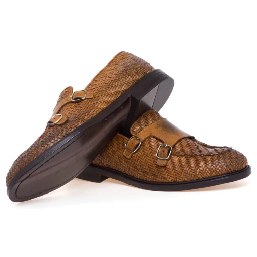 Mocassino doppia fibbia Pawelk's in pelle intrecciata effetto vintage