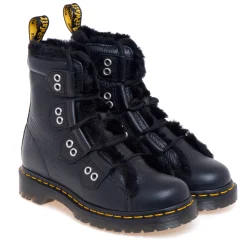Polacco stile pedula Dr Martens in pelle martellata con ecopelliccia